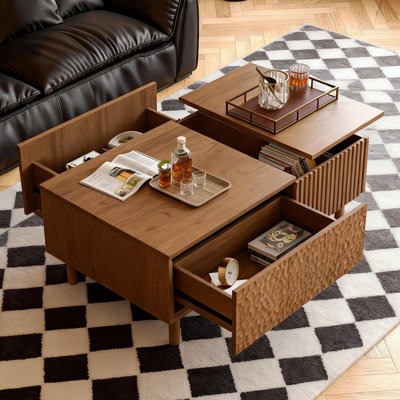 Lift-Top Coffee Table With Storage - Walnut Finish, Textured Panel, Mid-Century Style For Living Room & Balcony, 130Cm，Fast Dispatch From UK Warehouse — 2 Working Days