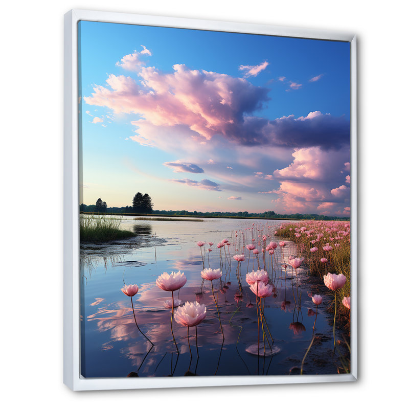 «Pink Blue Sky Celestial Beauty Mute II», impressions sur toile florales, H 40 po x l 30 po x P 1,5 po, Cadre flottant blanc