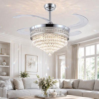 48" Crystal Retractable Ceiling Fan with Light, 6-Speed DC Motor Fandelier with Remote Control