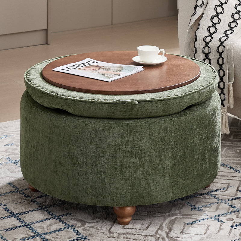 30’’ Wide Upholstered Tufted Round Storage Ottoman, Green Chenille