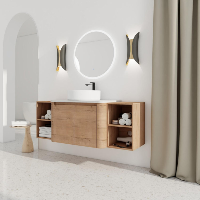 Meuble-lavabo mural avec lavabo d'art et tablettes de rangement, porte à fermeture en douceur, Blanc