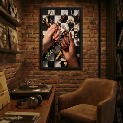 Abstract Chess Pieces Jewelry Hands Checkerboard Pattern