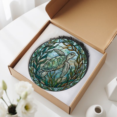 Sea Turtle Stained Glass Window Panel，12"H