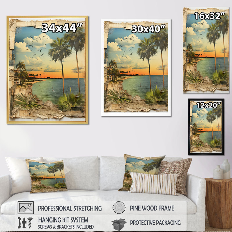 Collage rétro de la Floride, palmiers et plage - Floride, art mural, H 44 po x l 34 po x P 1,5 po, Cadre flottant noir