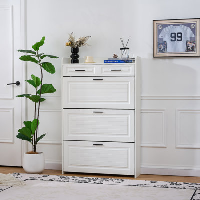 Deux tiroirs, trois portes pliantes, grande armoire à chaussures de rangement, blanc