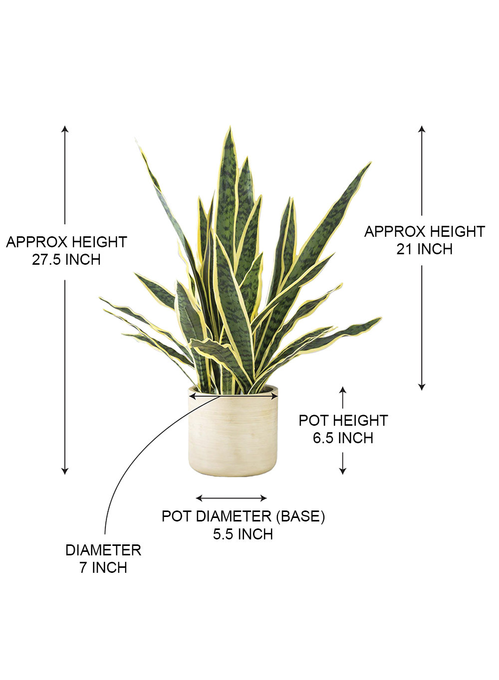  Lifelike Snake Plant In Planter, 7" Dia & 27.5" Tall