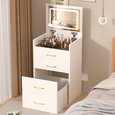 3 In 1 Vanity Desk With Open Top Mirror,Small Make Up Vanity Set With Visible Glass Desktop,Compact Makeup Vanity With 3 Drawers,Dressing Table For Bedroom