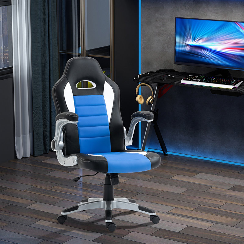 Inbox Zero Adjustable Faux Leather Swiveling PC & Racing Game Chair, Black/Blue