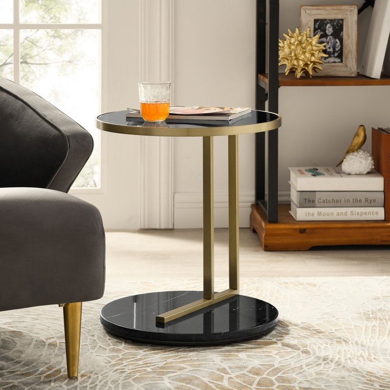 Midas Glass Tray Top End Table, Black Top/Black Marquina Base