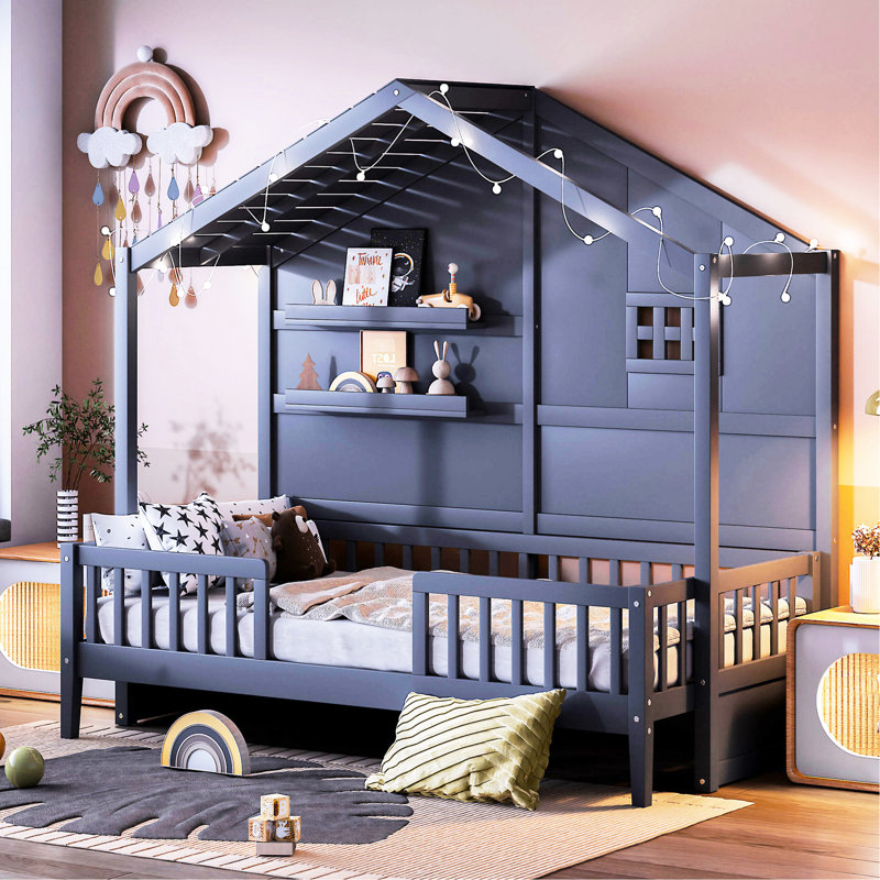 Lit simple Space House avec tablettes, gris, toit charmant pour un espace de chambre à coucher relaxant