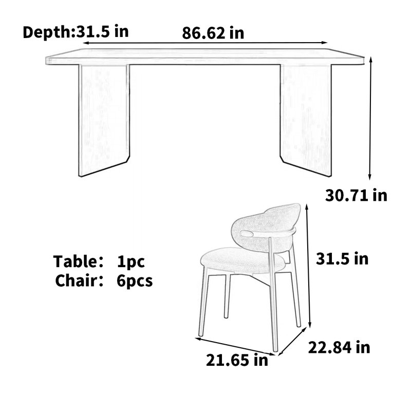 Walnut grain rectangle rock plate dining table, 30.71"H x 86.62'L x 31.5"W