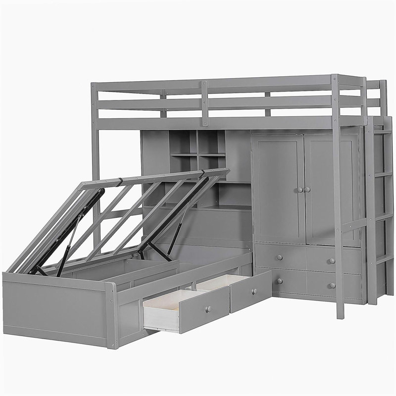 Lit superposé simple avec tiroirs, garde-robe, tablettes de rangement et lit hydraulique, gris