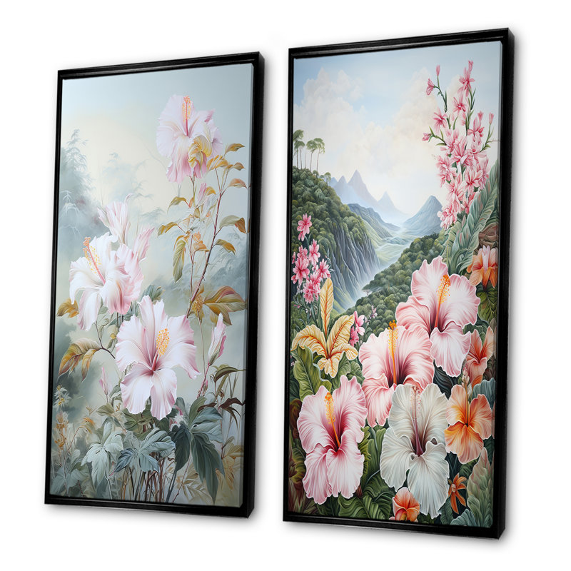 Hibiscus blanc sur la colline du Japon - ensemble de 2 décorations murales florales, Cadre noir, H 32 po x l 33 po
