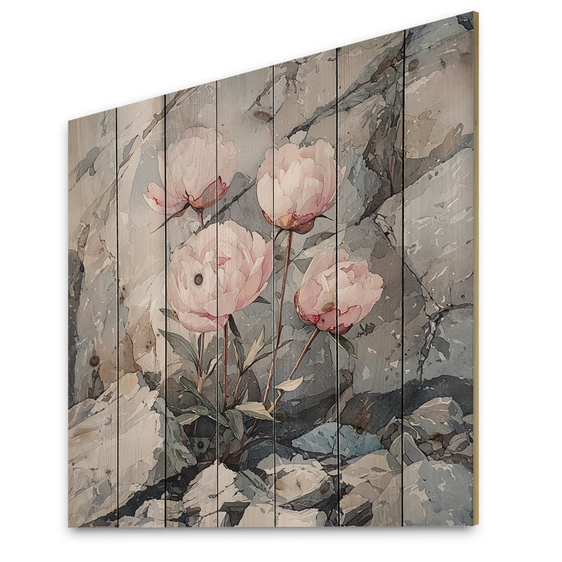 Peonies In The Rocky Pass II - Peonies Wood Wall Art - On Natural Pine Wood, 15" H x 15" W x 0.78" D