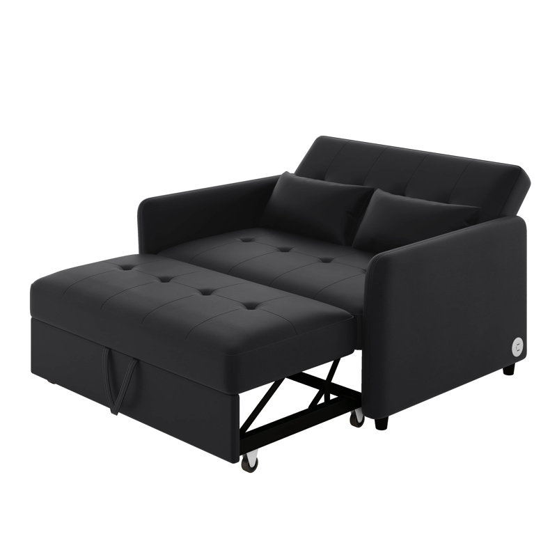 Canapé-lit convertible de 51,57 po, conception de fauteuil surdimensionné réglable et trois ports de charge USB, Noir