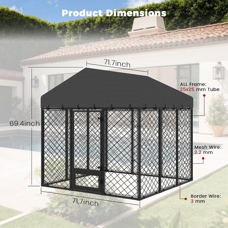 71.7″ × 71.7″ × 69.4″ Metal Yard Kennel With Door, 69.4" H x 71.7" W x 71.7" D