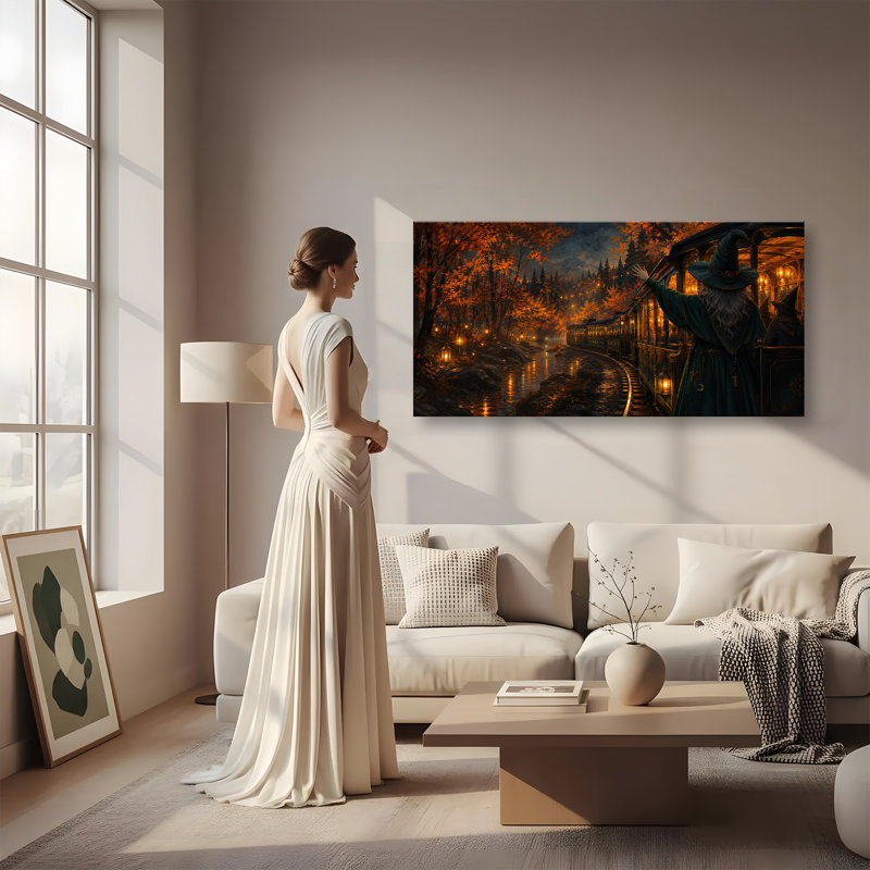 Tableau sur toile représentant une sorcière d'Halloween, une ville illuminée et magique, imprimée sur toile. Grande œuvre d'art gothique et effrayante pour la décoration du salon, de la chambre et de la maison. Cadeau idéal pour les amis, la famille, un anniversaire ou Noël.