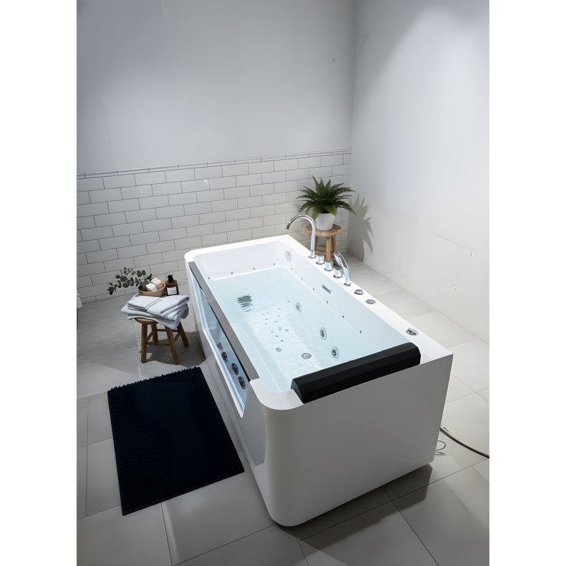 Baignoire à jets de 750 W, taille 67 po, 89 gallons, hydromassage blanc, sièges confortables, 7 jets en verre trempé à l'avant, inclinable