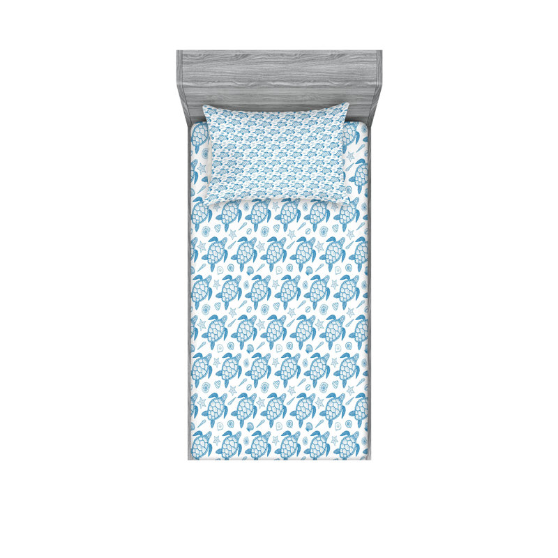Ensemble de draps et taies décoratives à motif de tortues Ambesonne, bleu et blanc