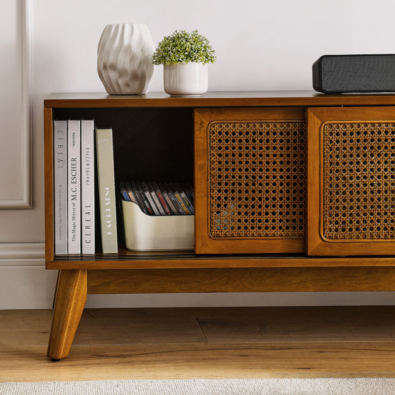59 Inch Mid-Century Modern Rattan TV Stand, Media Console With Solid Wood Feet & Rattan Doors, Light Wood, Fits 65 Inch TV For Living Room
