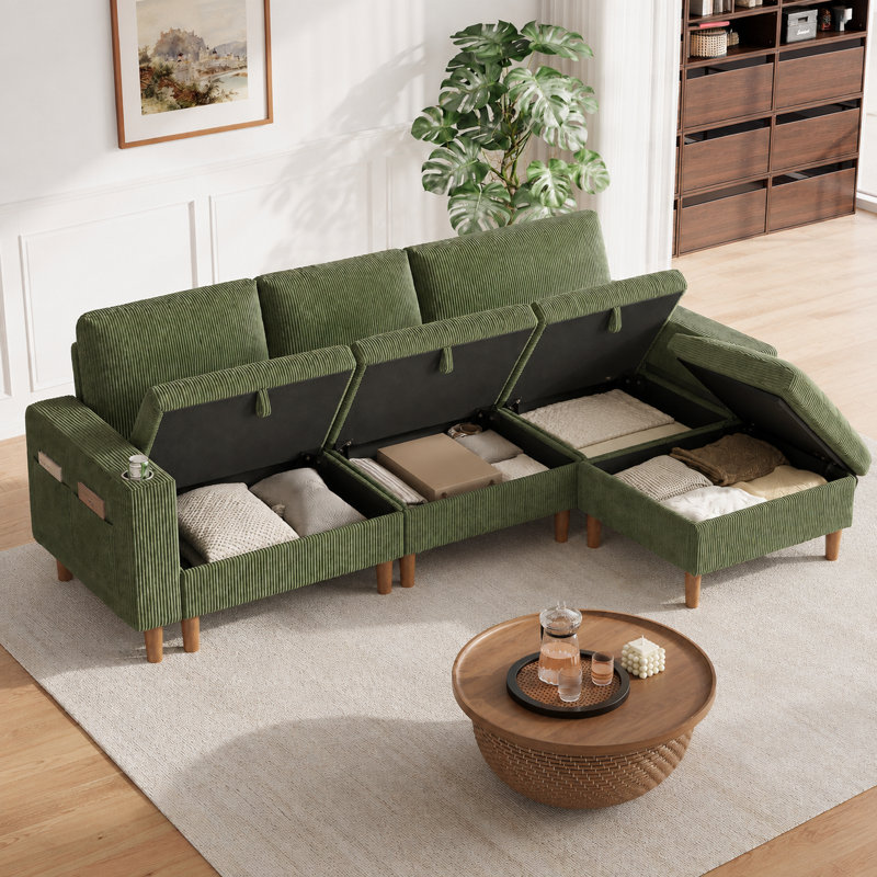  Canapé modulaire en L avec repose-pieds et rangement Shepardson, Chenille verte