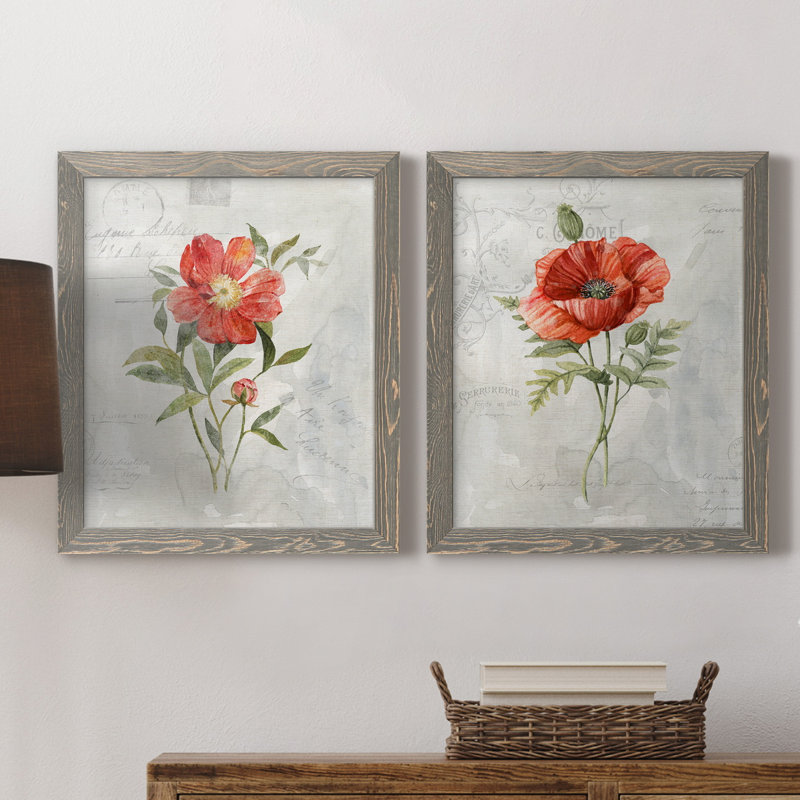 Lin pivoine - ensemble de 2 reproductions d'art, H 20 po x l 17 po x P 1 po, Toile avec cadre gris, Pas de tapis