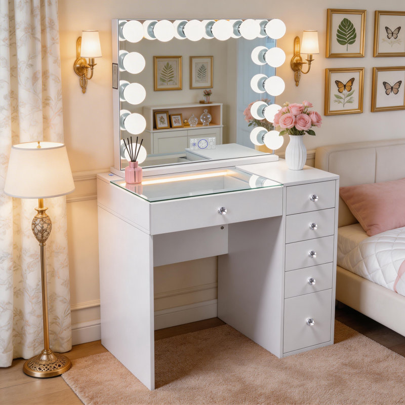 Ensemble de meuble-lavabo avec plateau en verre haute définition, miroir DEL, prise de courant, 6 tiroirs et boutons en cristal 