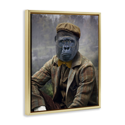 Vintage Gorilla Portrait Gold Framed Floater Canvas Wall Art by Karen Burke