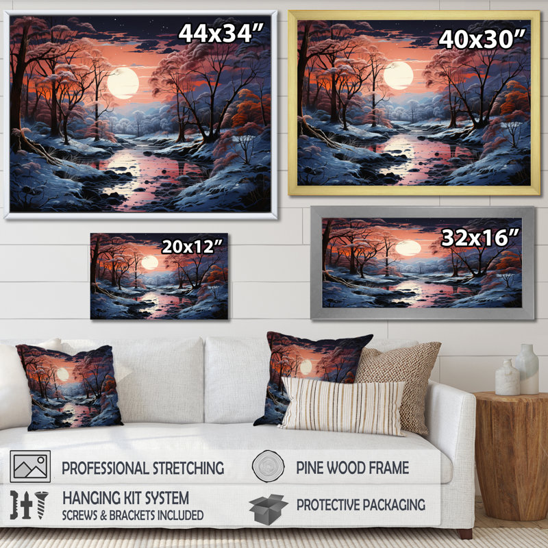 «Winter Landscape Frozen River II», reproduction sur toile, Cadre simple noir, H 34 po x l 44 po x P 1,5 po