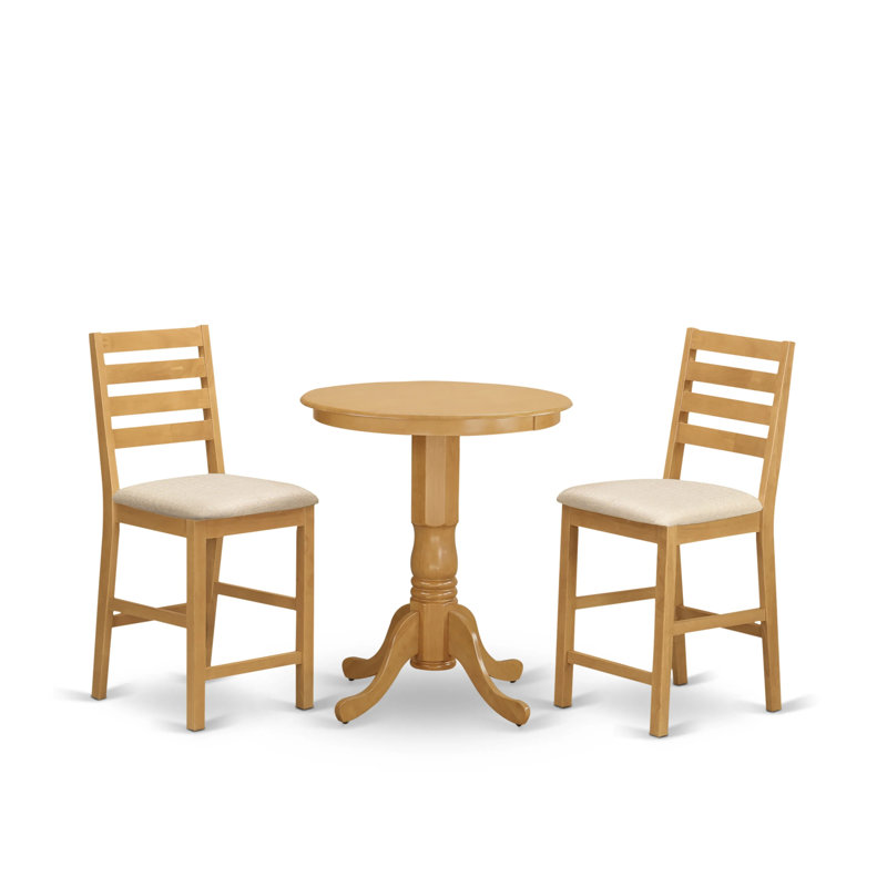 3 Piece Counter Height Dining Table Set for Small Spaces Contains a Round Kitchen Table with Pedestal and 2 Linen Fabric Dining Chairs, Oak
