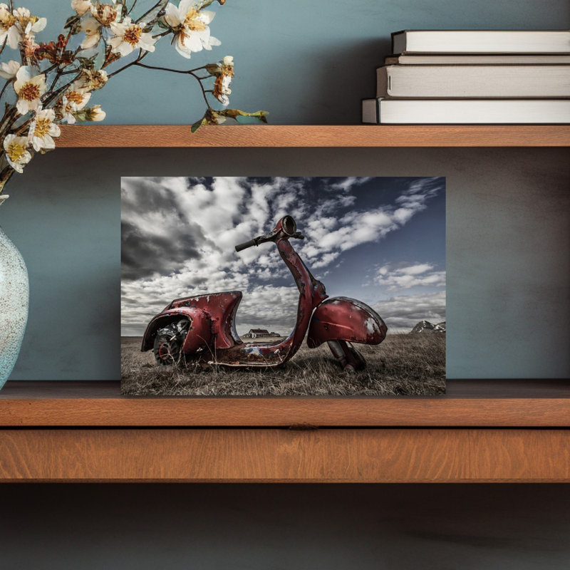 Rusty Red Scooter Landscape Dramatic Retro Rustic Landscape Nature Wall Art Print, 30.48cm H x 45.72cm W
