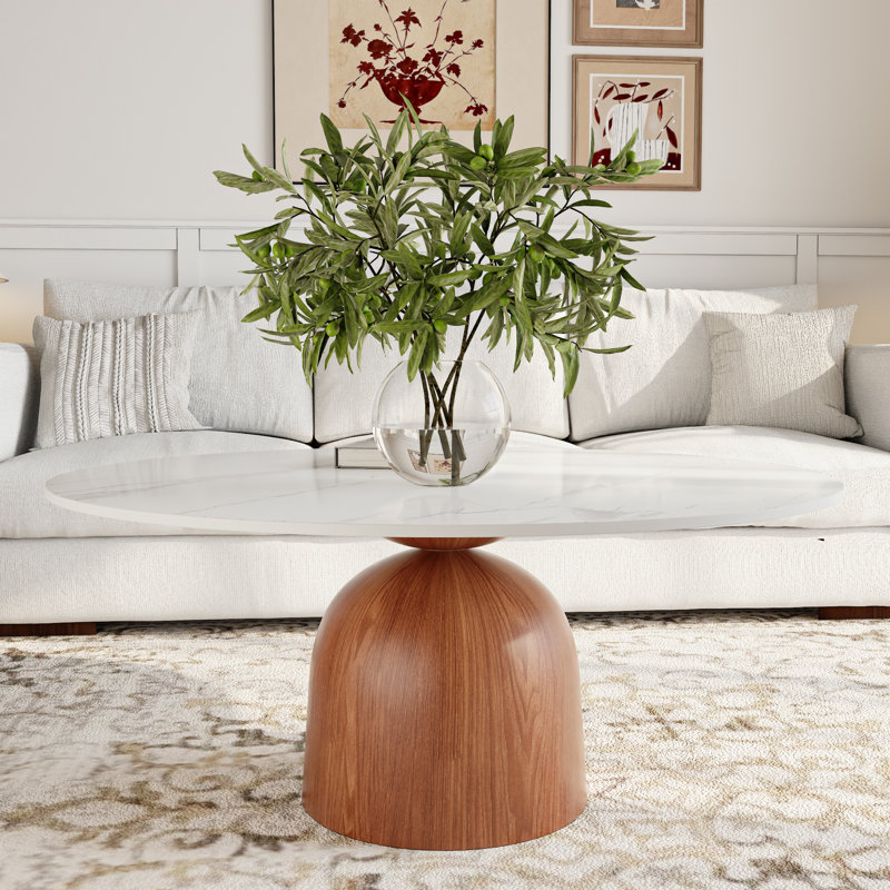 Meranda 35"/41" Round Sintered Stone Coffee Table With Walnut Solid Wood Pedestal For Living Room & Home Decor, Soft White