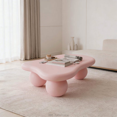Table basse de 40 pouces en forme de nuage avec 3 pieds en boule, plateau blanc et pieds noirs