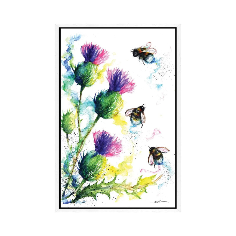 Bees And Thistles - Painting on Canvas, White Framed, 101.6cm H x 66.04cm W x 3.81cm D