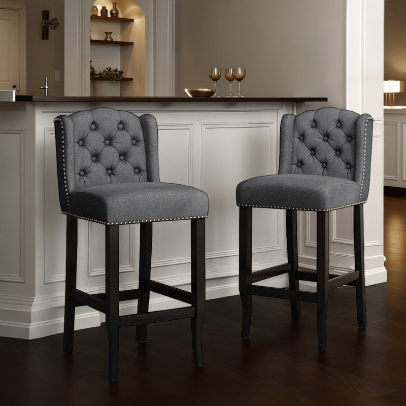 Ensemble de 2 tabourets de bar Seliva, gris anthracite, dossier capitonné, bois noir, Gris anthracite