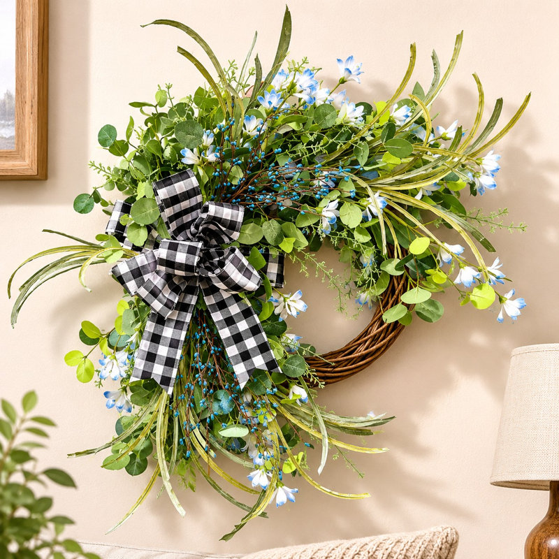 26" Handcrafted Faux Spring Summer Front Door Wreath with Bow