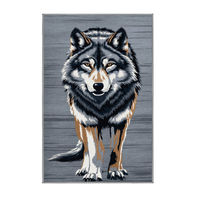 Washable Gray Wolf Wildlife Area Rug