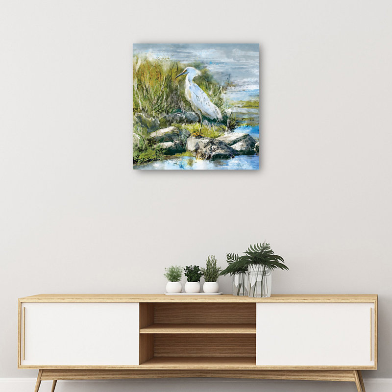 Snowy Egret 12x12 White Canvas Art Print