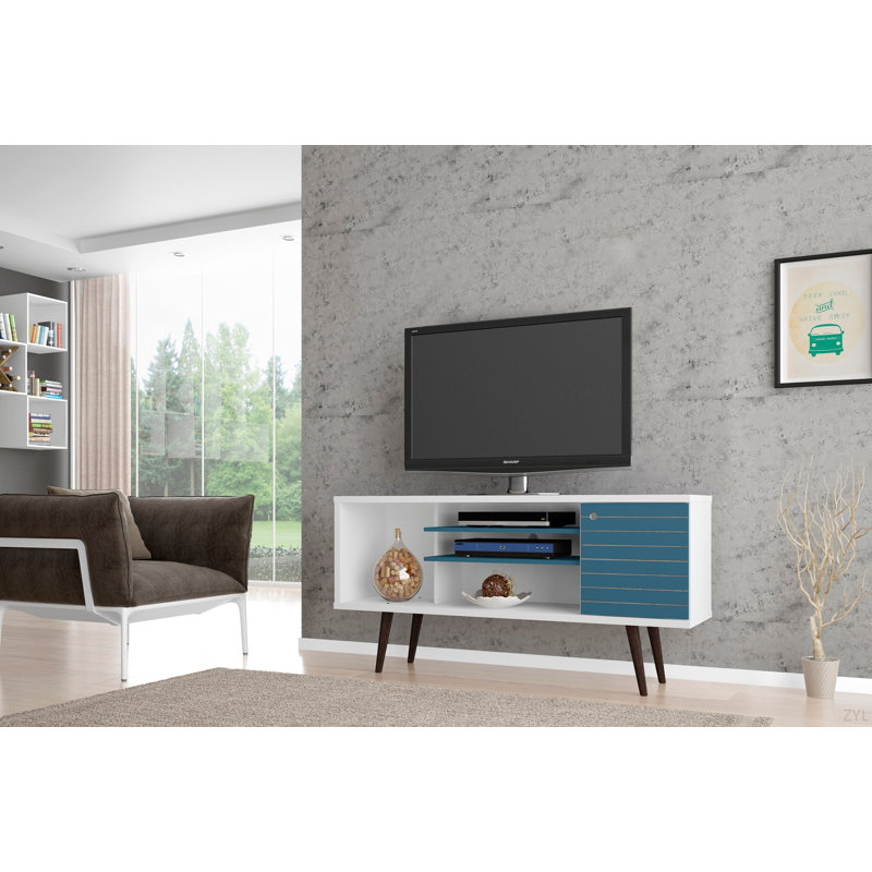 Meuble télé 53 po Mid-Century, Bleu / blanc