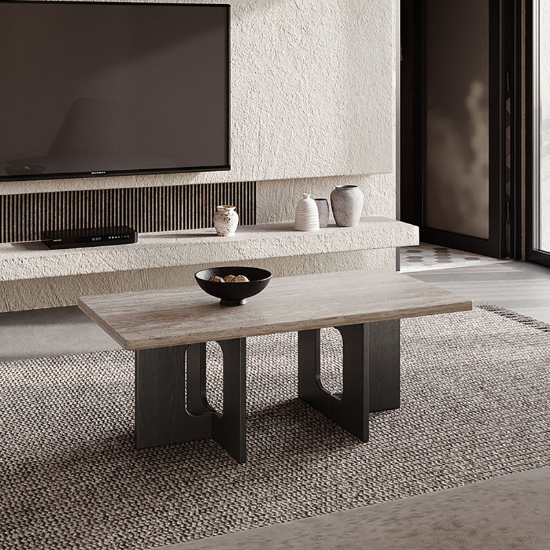 Wabi-sabi Stone Top Single Coffee Table, 17.7" H x 39.4" L x 19.7" W, Black