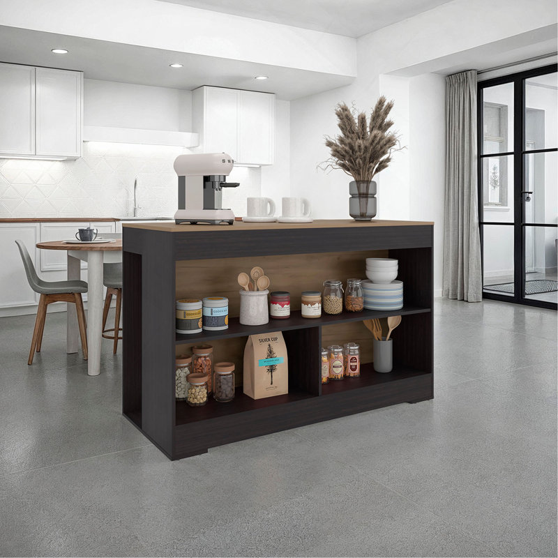 Îlot de cuisine 34 po, 3 tablettes ouvertes spacieuses, Black+Natural