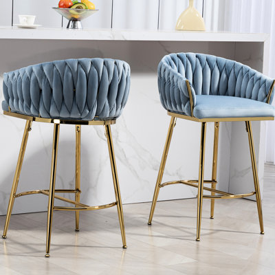 26'' Counter Height Bar Stools ( Of 2), Blue Velvet Kitchen Chairs With Hand-Wave Back Construction, Golden Chromed Base & Footrest, Supportive High Rebound Cushion, Adjustable Metal Legs 2, Island