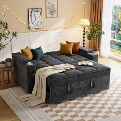 65" Convertible Sleeper Sofa With Pull-Out Bed, Loveseat Sofa Bed with Adjustable Backrest & 360° Swivel Side Table, Black