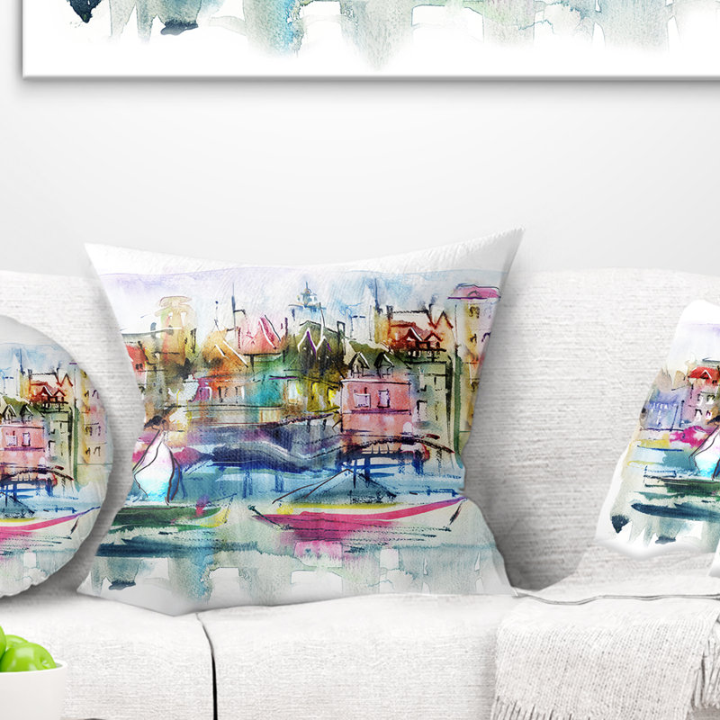 Coussin paysage maisons et bateaux, 16 po x 1 po, Coussin décoratif