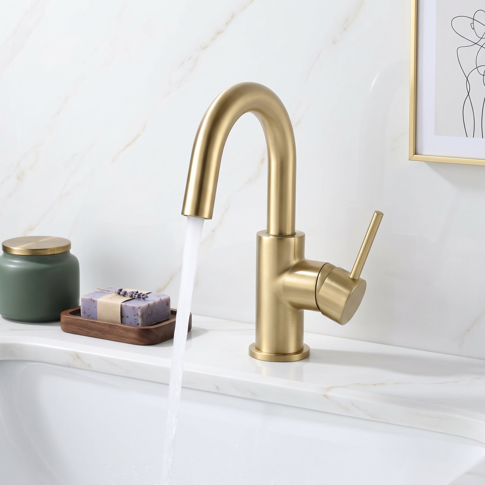 Circular Single-Hole Bathroom Faucet with Drain, Brushed Gold