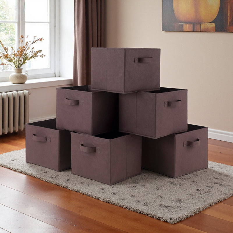 6 pieces of foldable fabric baskets in beige by Ikard, 8.86" H x 9.82" W x 10.75" D, Brown