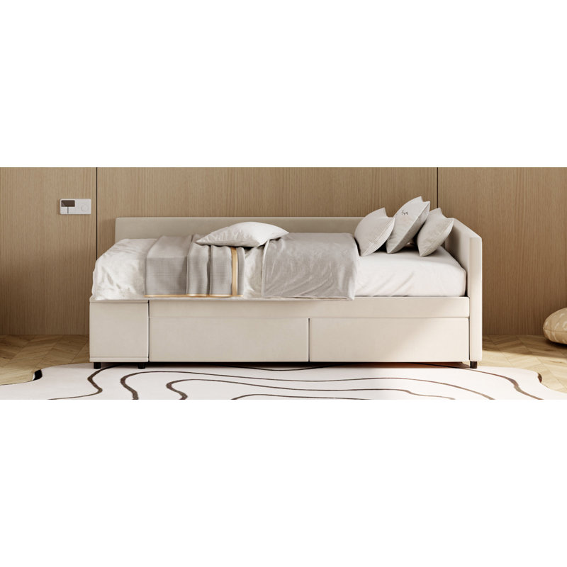 Lit plateforme simple tapissier en forme de L avec rangement et tiroirs, Beige