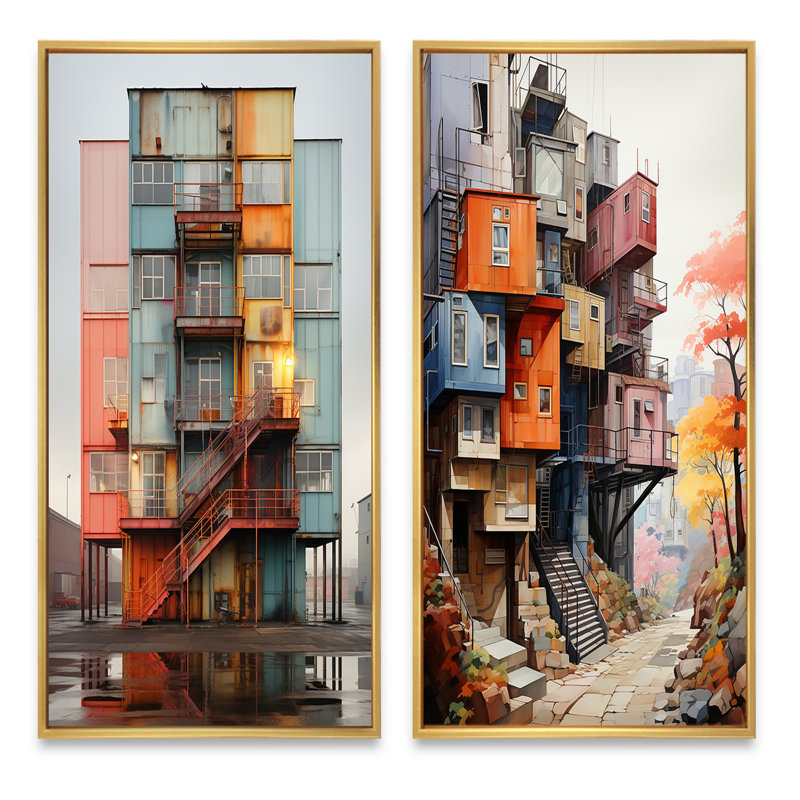 «Warehouse Industrial Cubic Palette», 2 pièces, Encadrement doré, H 32 po x l 32 po