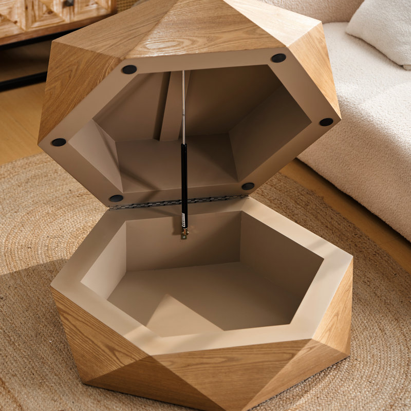 Table basse à rabat 36,09 po Polygon, finition naturelle, placage en bois massif de haute qualité, rangement dissimulé, sans assemblage, convient à la table de détente de chambre à coucher