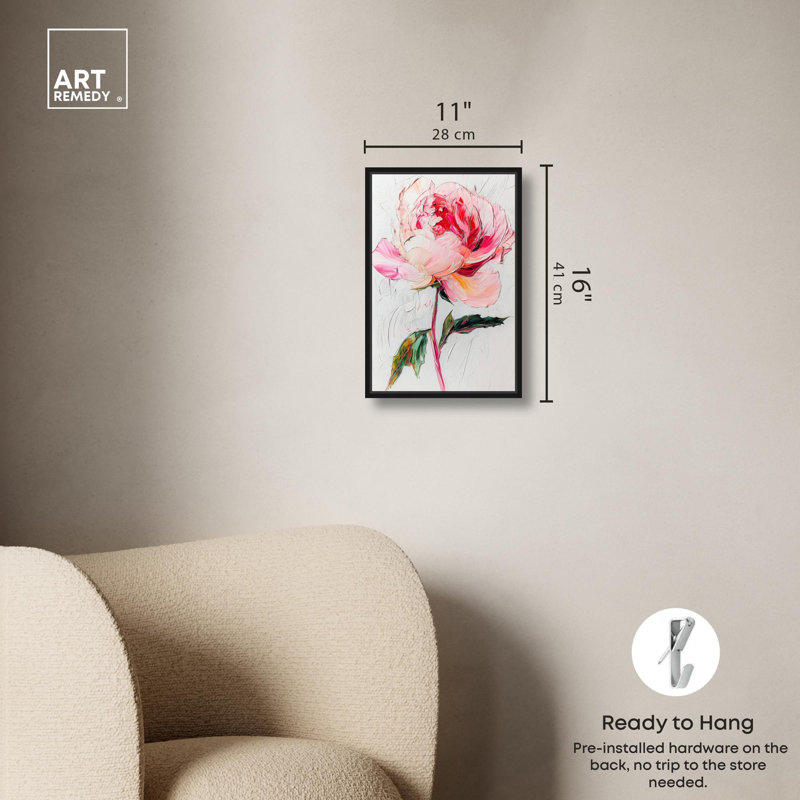 Art floral rose pastel sur toile rose, Cadre noir, H 16 po x l 11 po